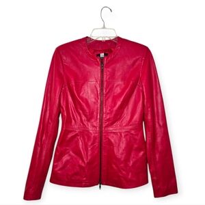SAKS FIFTH AVENUE Red Leather Jacket Full Zip With Zipper Sleeve XS